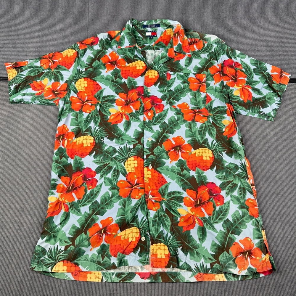 Tommy Hilfiger Hawaiian Shirt Mens M Hibiscus Pineapple Rayon Tropical